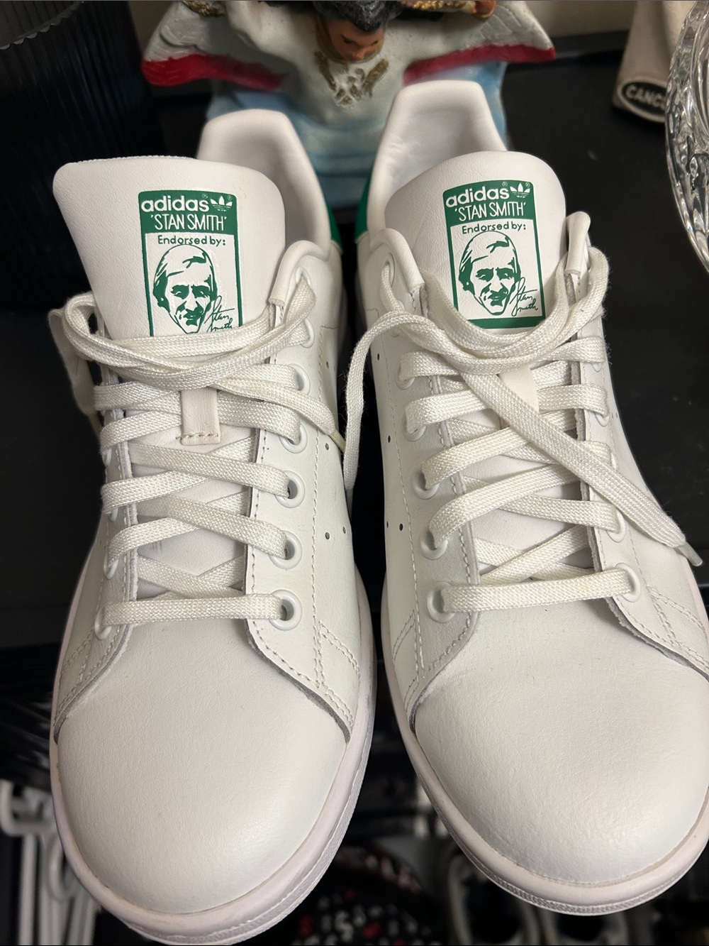 adidas White Leather Sneakers, Stan Smith Green Tongue Logo - Picture 1 of 9